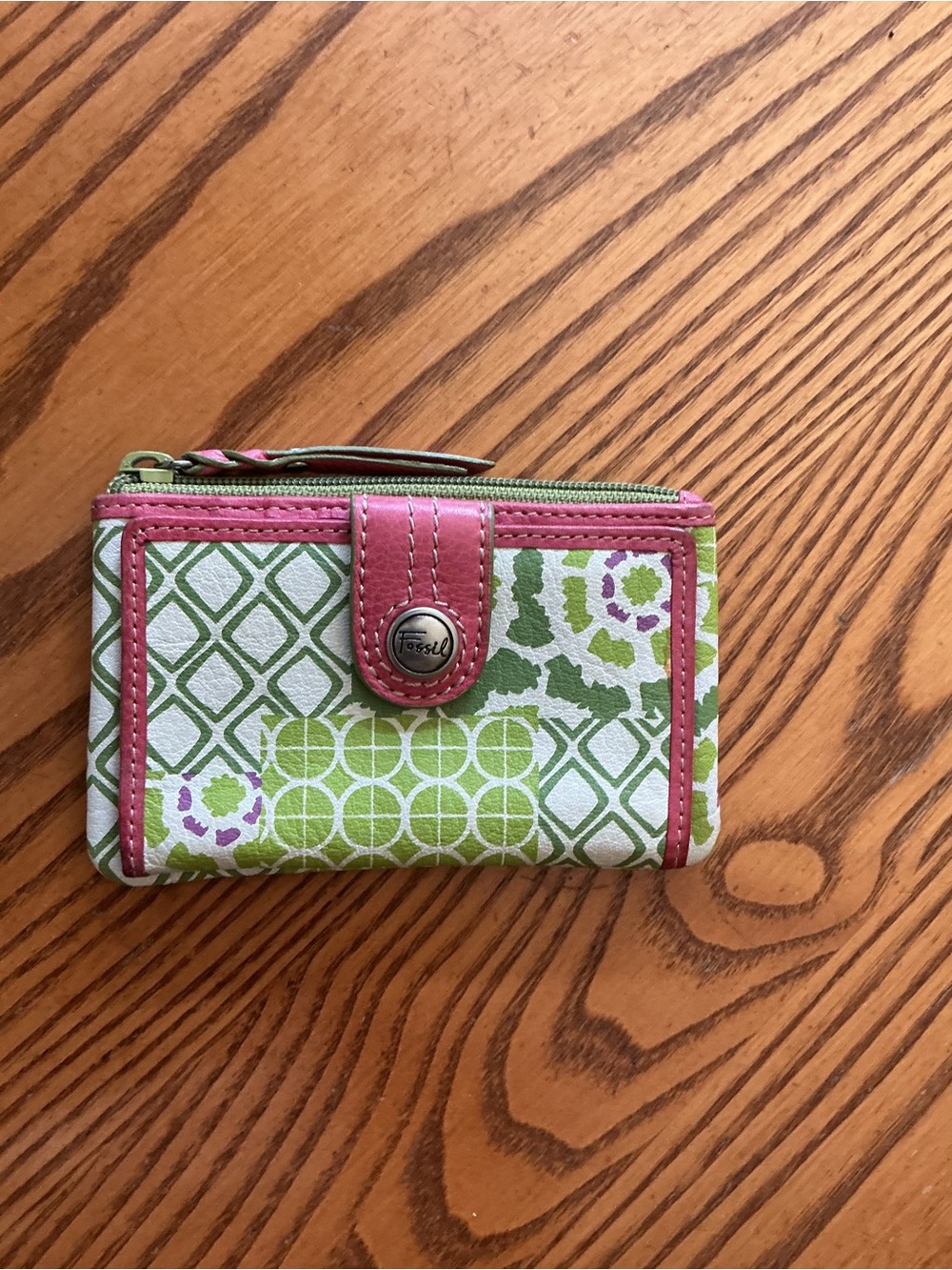 Fossil Pink Trim Green Patterned Card Holder